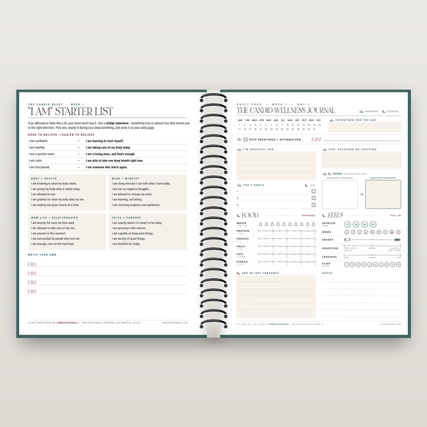 The I Am starter list and a daily page inside the journal