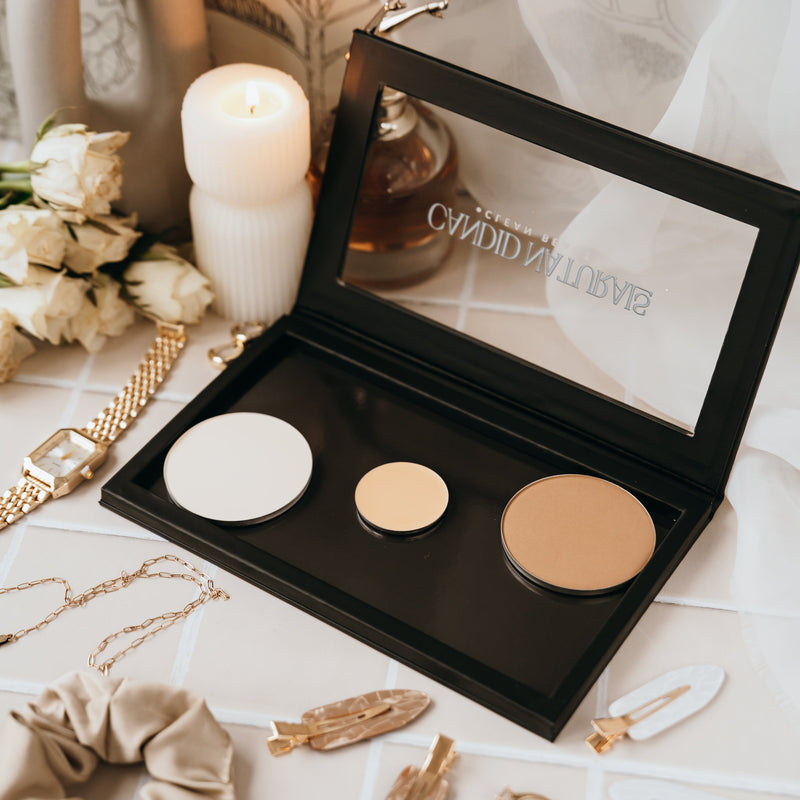 Candid Naturals Large Refillable Palette open showing three round pressed powder pans